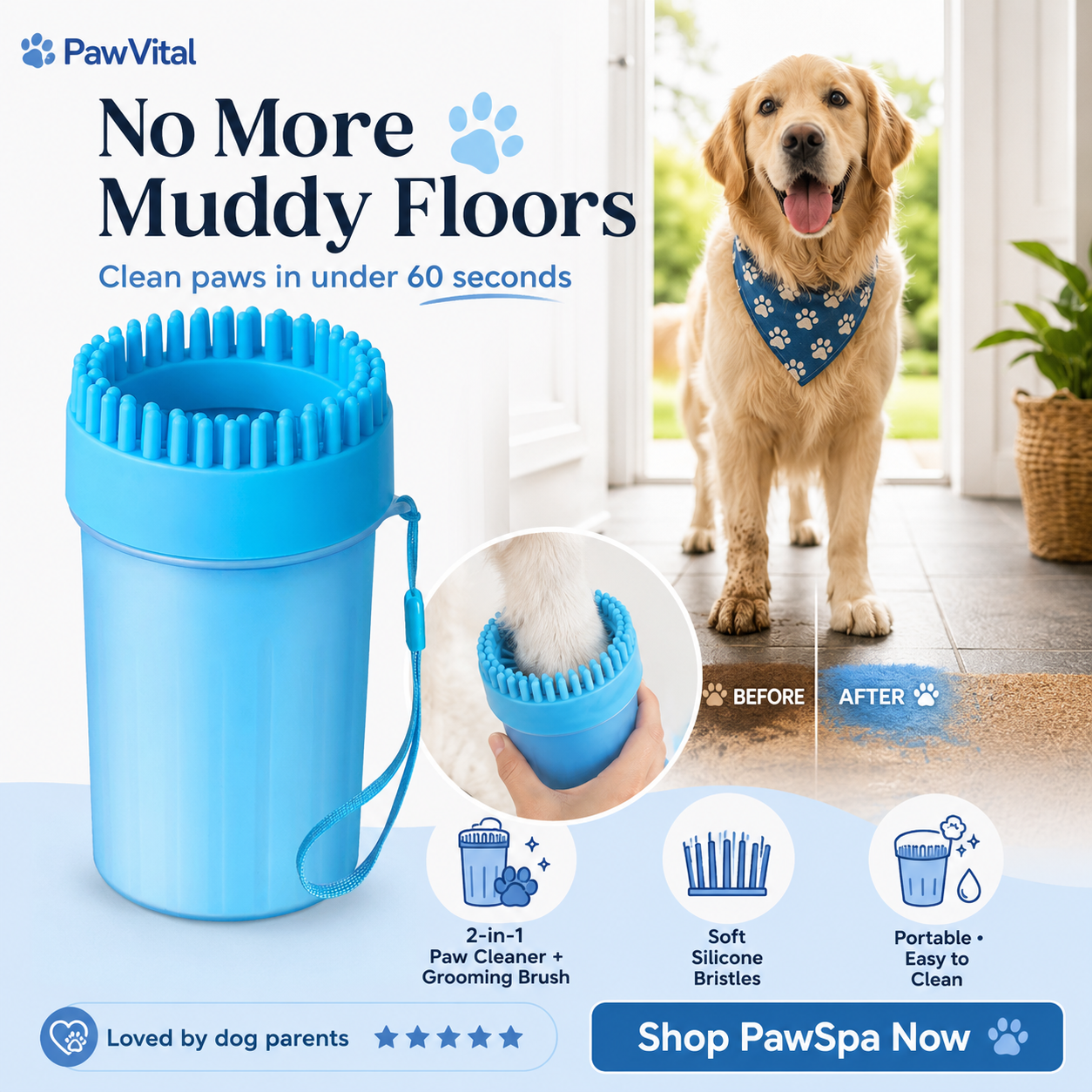 PawVital PawSpa 2-in-1 Dog Paw Cleaner & Grooming Brush — No More Muddy Floors | Soft Silicone | Small to Large Dogs