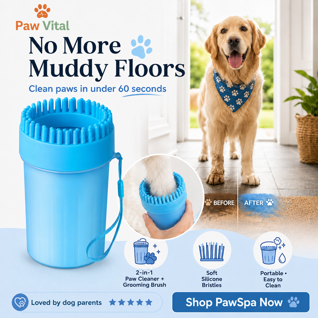 PawVital PawSpa 2-in-1 Dog Paw Cleaner & Grooming Brush — No More Muddy Floors | Soft Silicone | Small to Large Dogs
