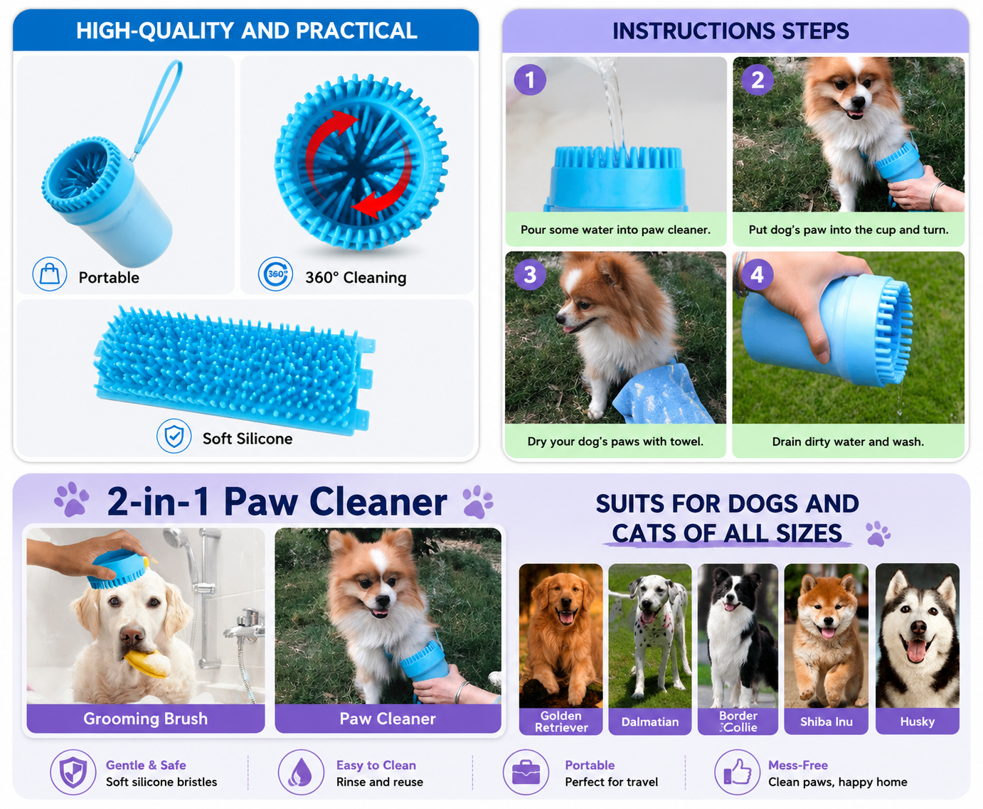 PawVital PawSpa 2-in-1 Dog Paw Cleaner & Grooming Brush — No More Muddy Floors | Soft Silicone | Small to Large Dogs