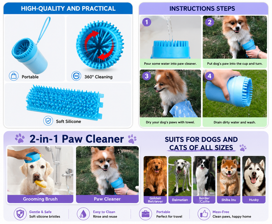 PawVital PawSpa 2-in-1 Dog Paw Cleaner & Grooming Brush — No More Muddy Floors | Soft Silicone | Small to Large Dogs
