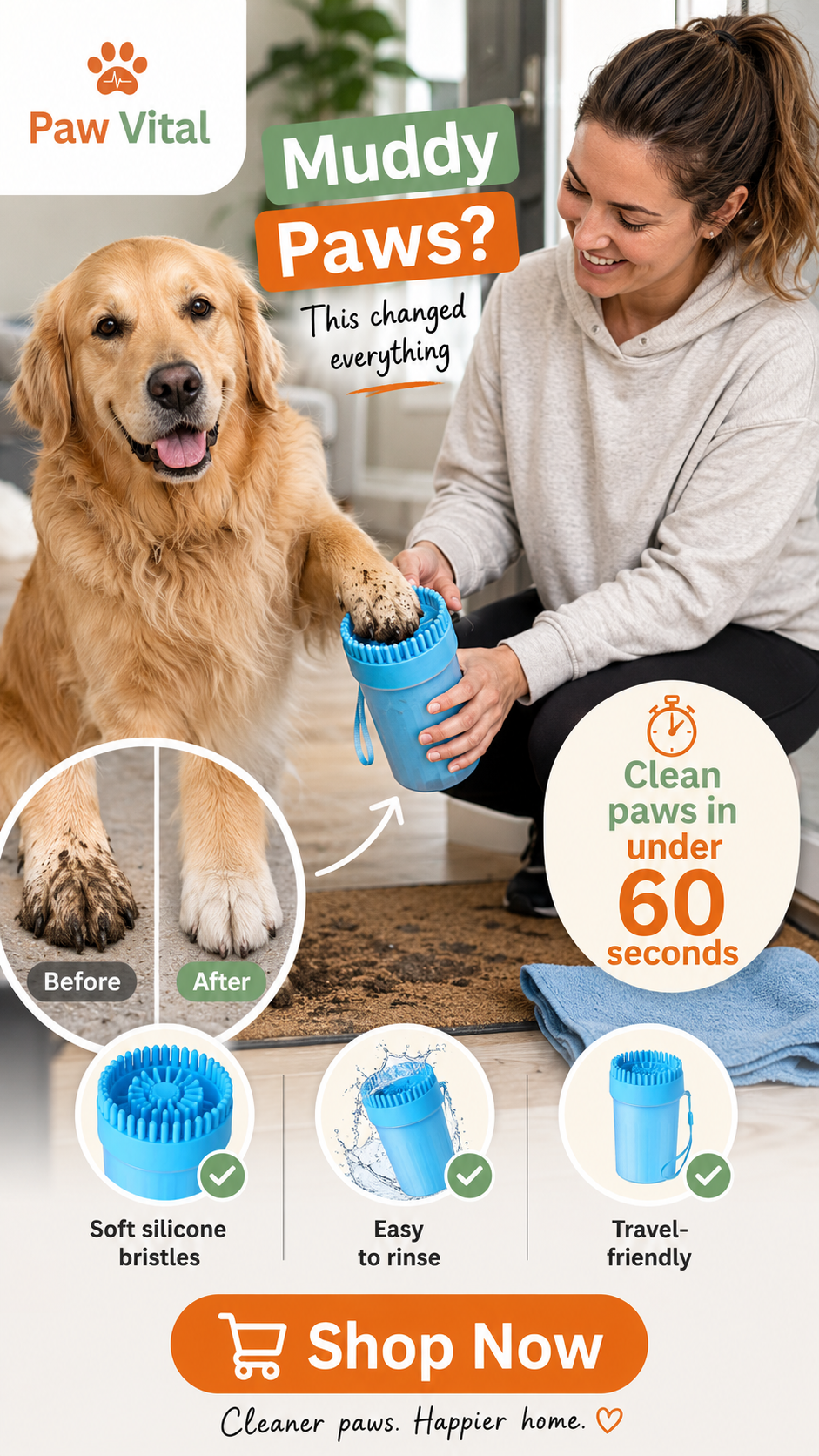 PawVital PawSpa 2-in-1 Dog Paw Cleaner & Grooming Brush — No More Muddy Floors | Soft Silicone | Small to Large Dogs
